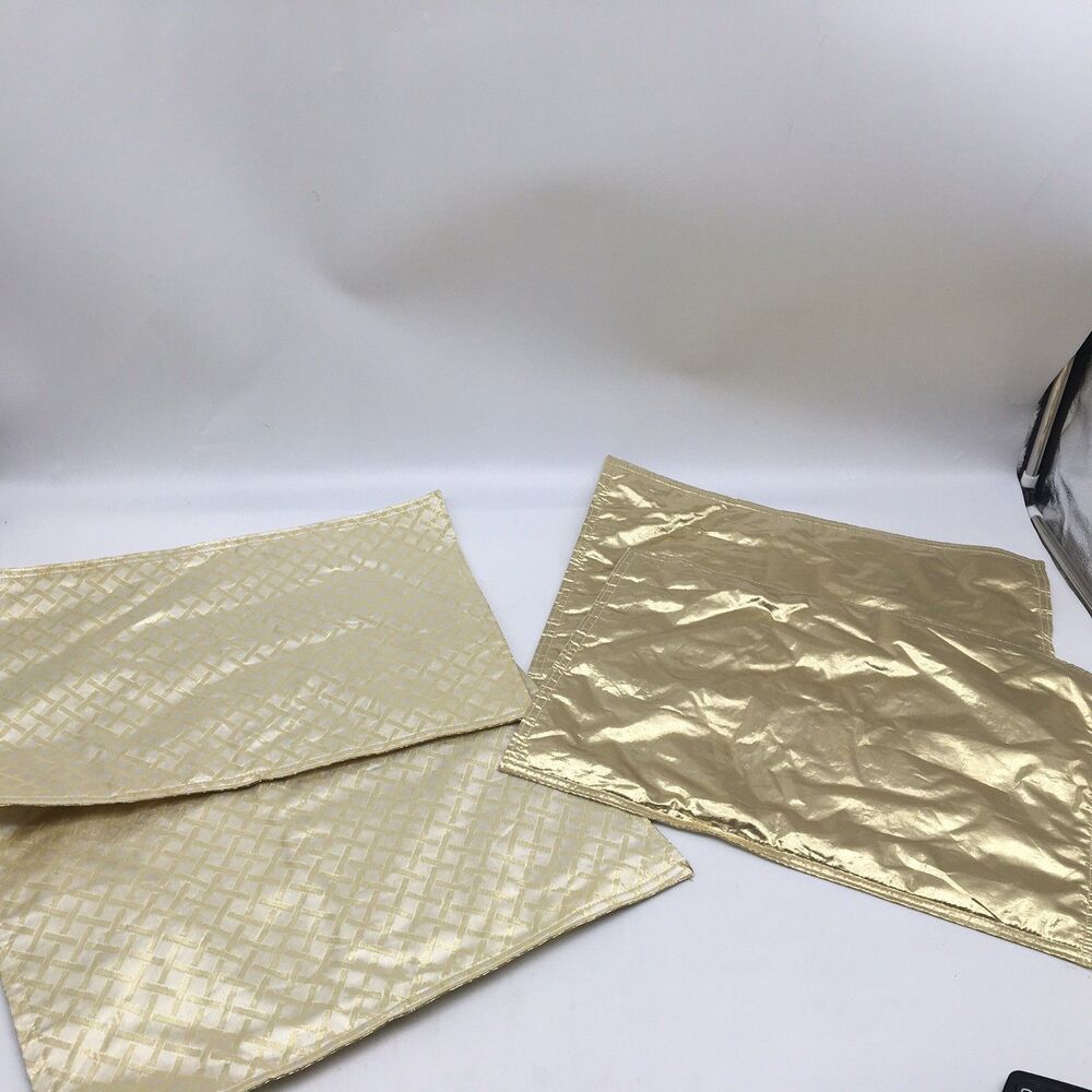 Set of Vintage 4 Shiny Gold Fabric  Placemats Reversible Geometric Pattern